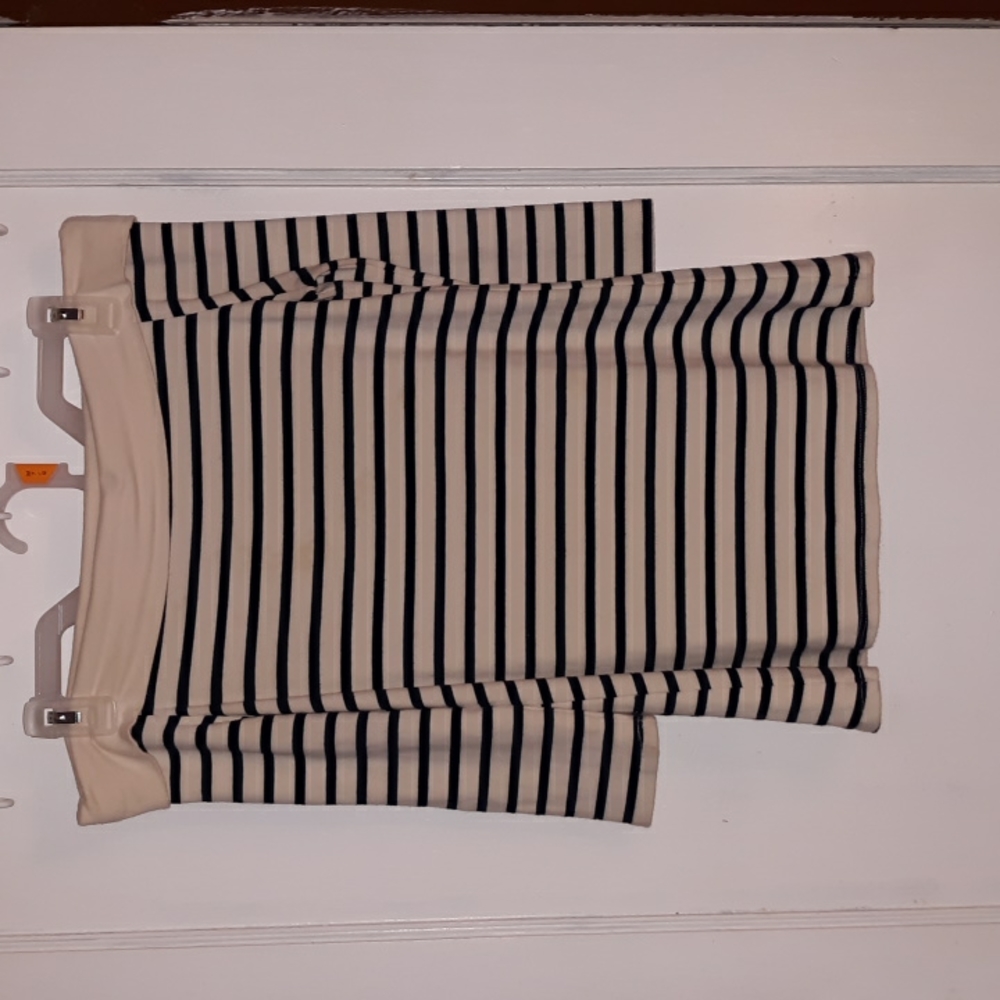 Off shoulder navy white strip Bardot top soft coastal seaside maritime classic